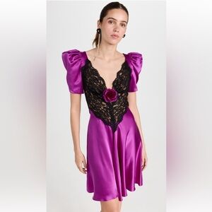 Rodarte Black Lace Short Sleeve Silk Mini Dress Sz 0 Purple Removable Flower
